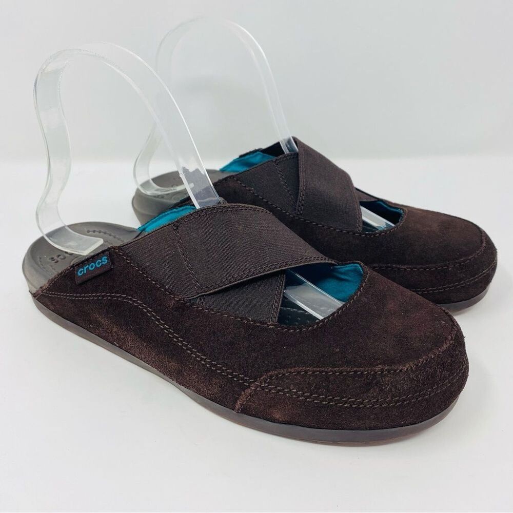 CROCS Women’s 8 Leather Edie Dark Brown Cross Strap Slip-On Comfort Mules 15489